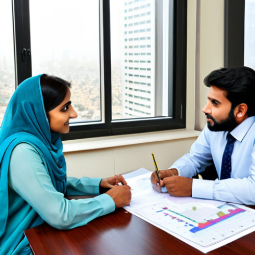 Home 10 A Financial Advisor Meeting**
"A professional financial advisor in a modest, traditional shalwar kameez, sitting across a desk from a client in a modern office. They are reviewing charts and graphs representing investments, fully clothed, safe for work, appropriate content, professional setting, natural body proportions, perfect anatomy, well-formed hands, family-friendly. The office has a cityscape view visible through the window, indicating a major city in Pakistan, professional photography, high quality."
**